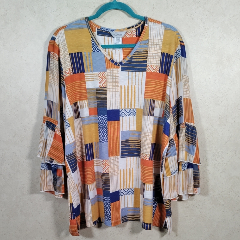 H151 Multiples patchwork tiered ruffle sleeve blouse 1X